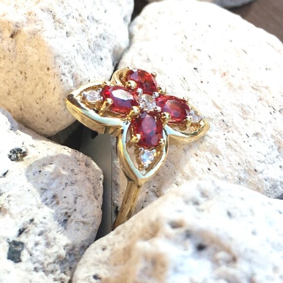 Tanzanian Ruby & White Zircon 9K Yellow Gold Ring Genuine Gemstones July - Picture 10 of 14